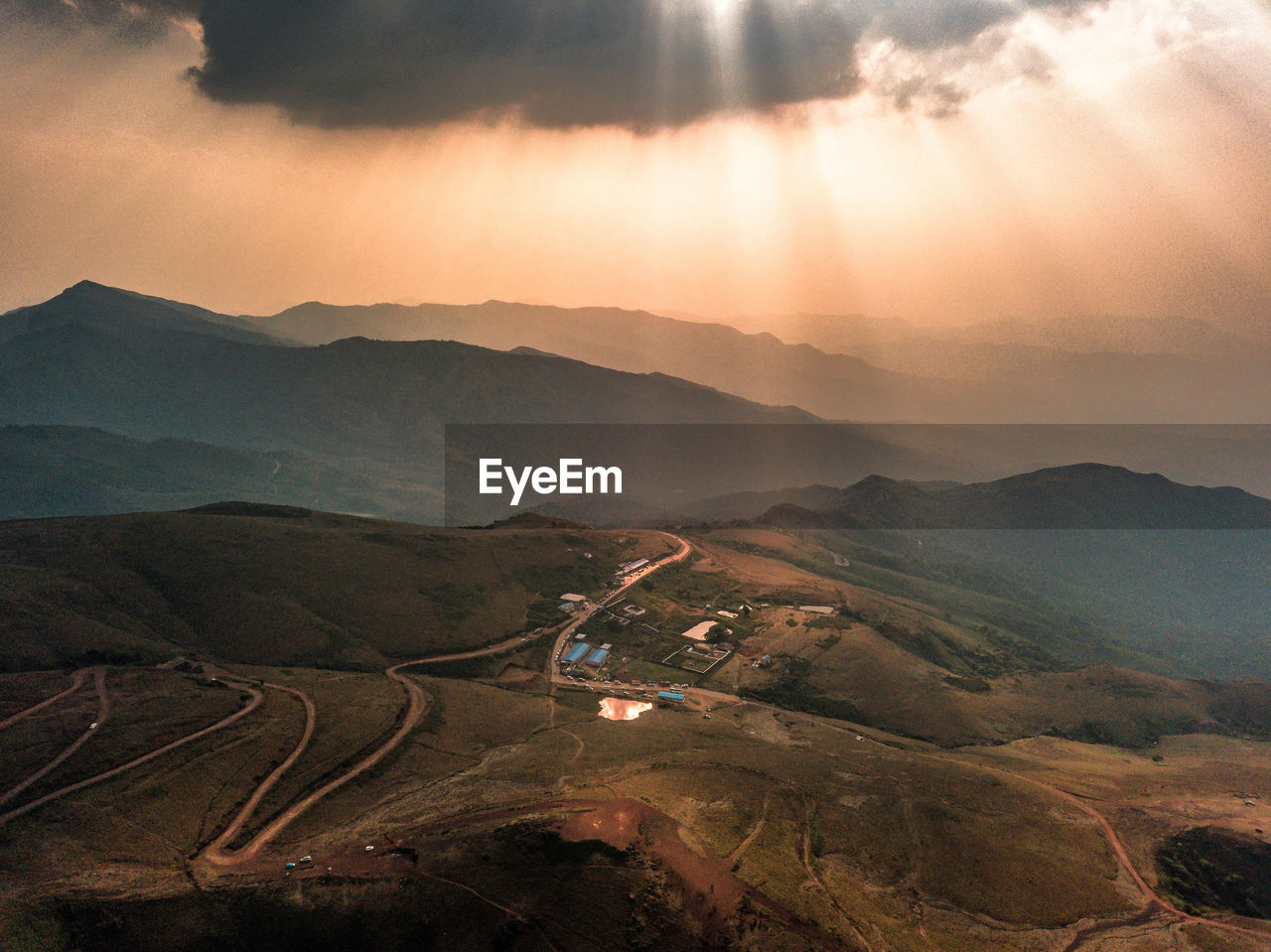 High angle view of landscape against sky during sunset