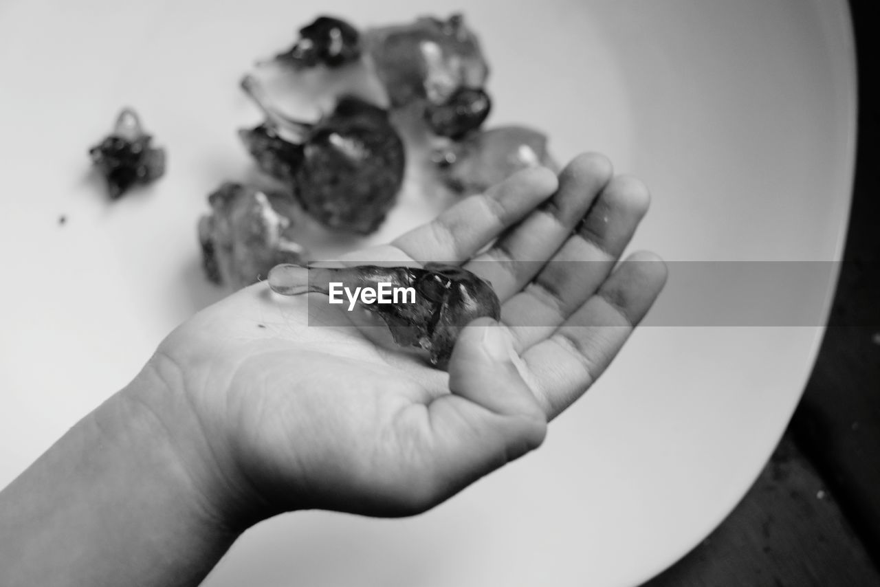 CLOSE-UP OF PERSON HOLDING HAND ON PLATE