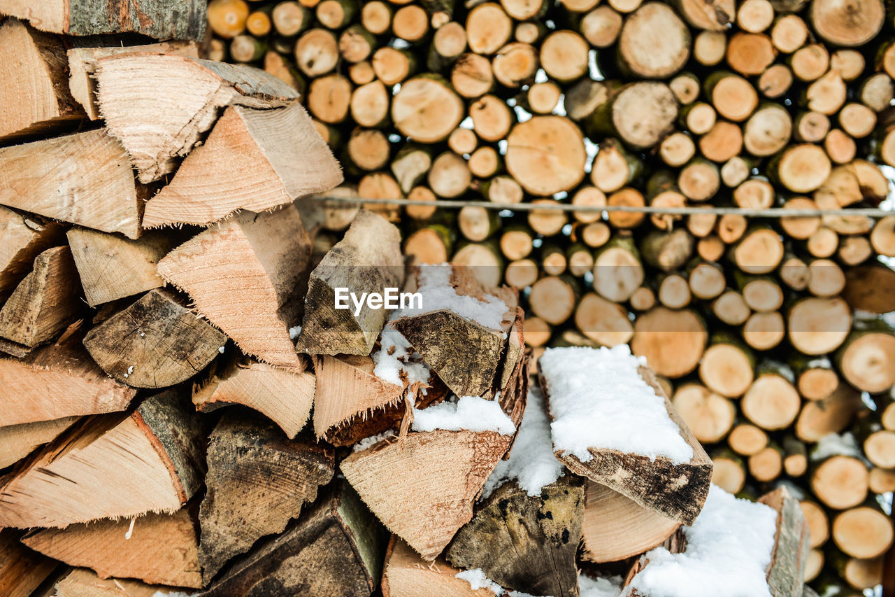 Full frame shot of logs during winter