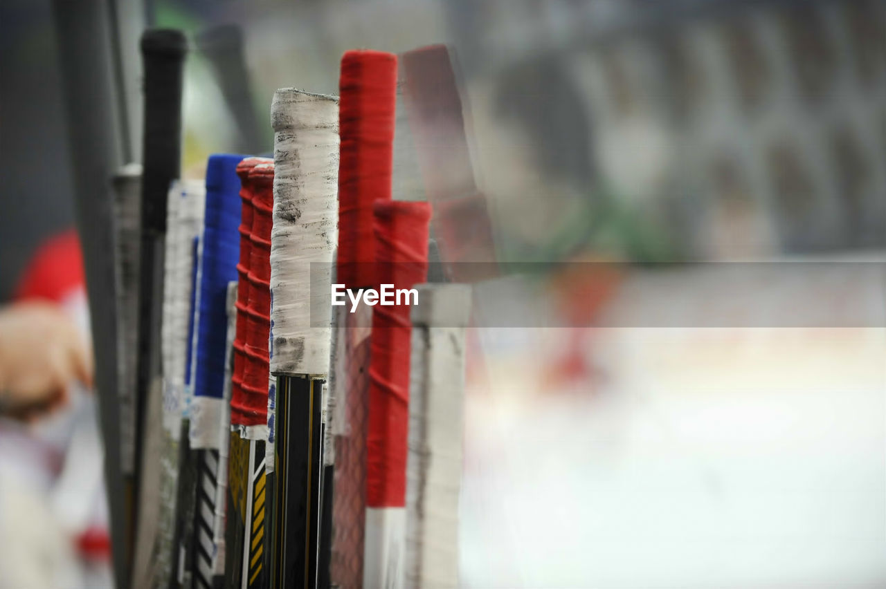 Close-up of hockey sticks