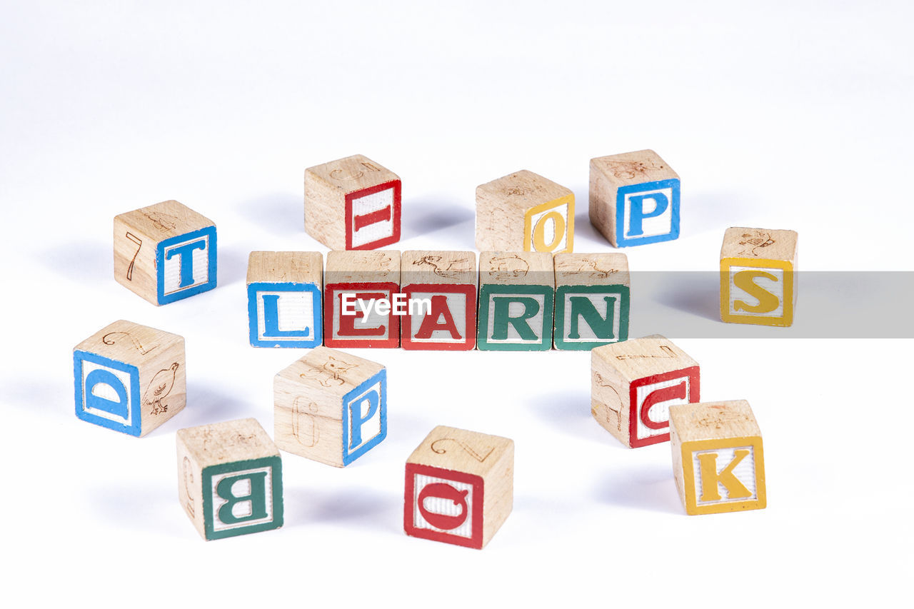 Close-up of toy blocks on white background