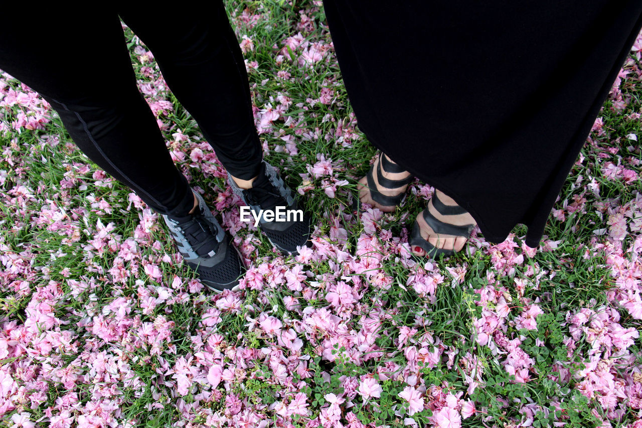 Low section of women standing on flowers