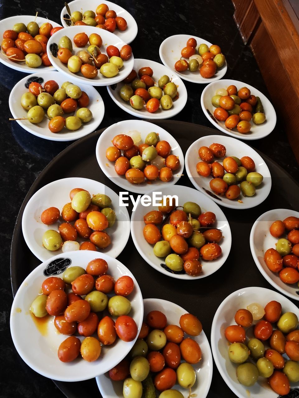 High angle view of fruits in plates