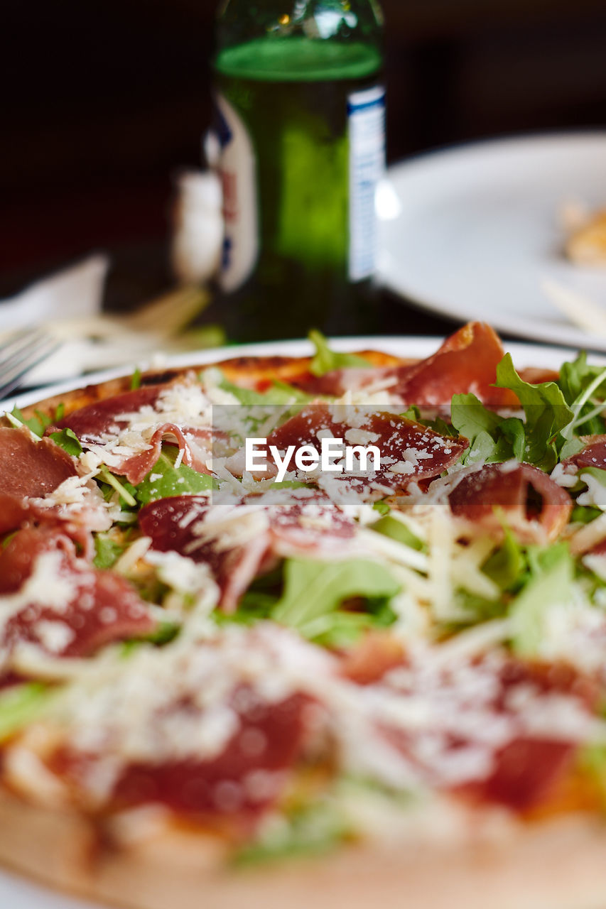 High angle view of pizza on table