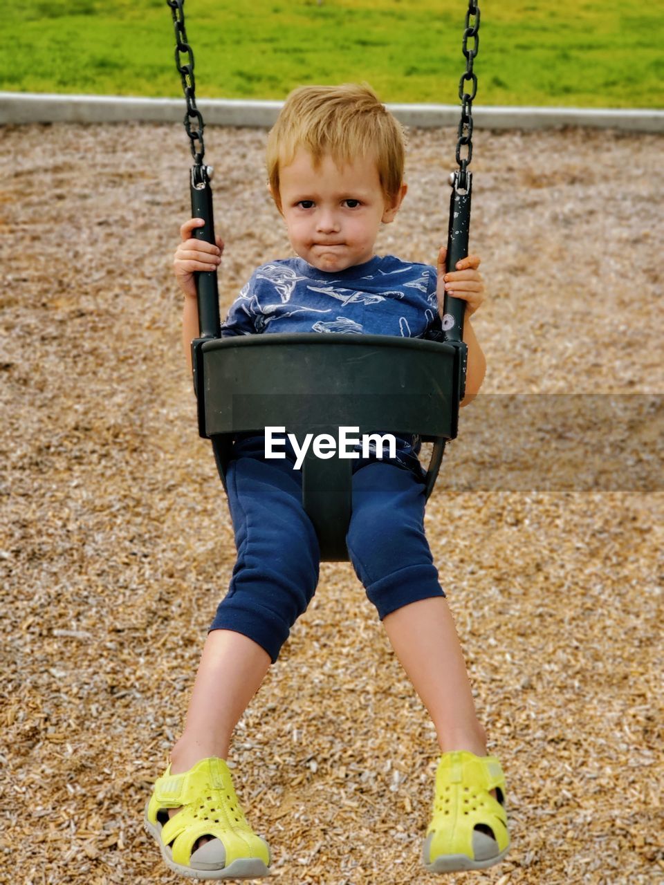 Portrait of boy on swing at playground