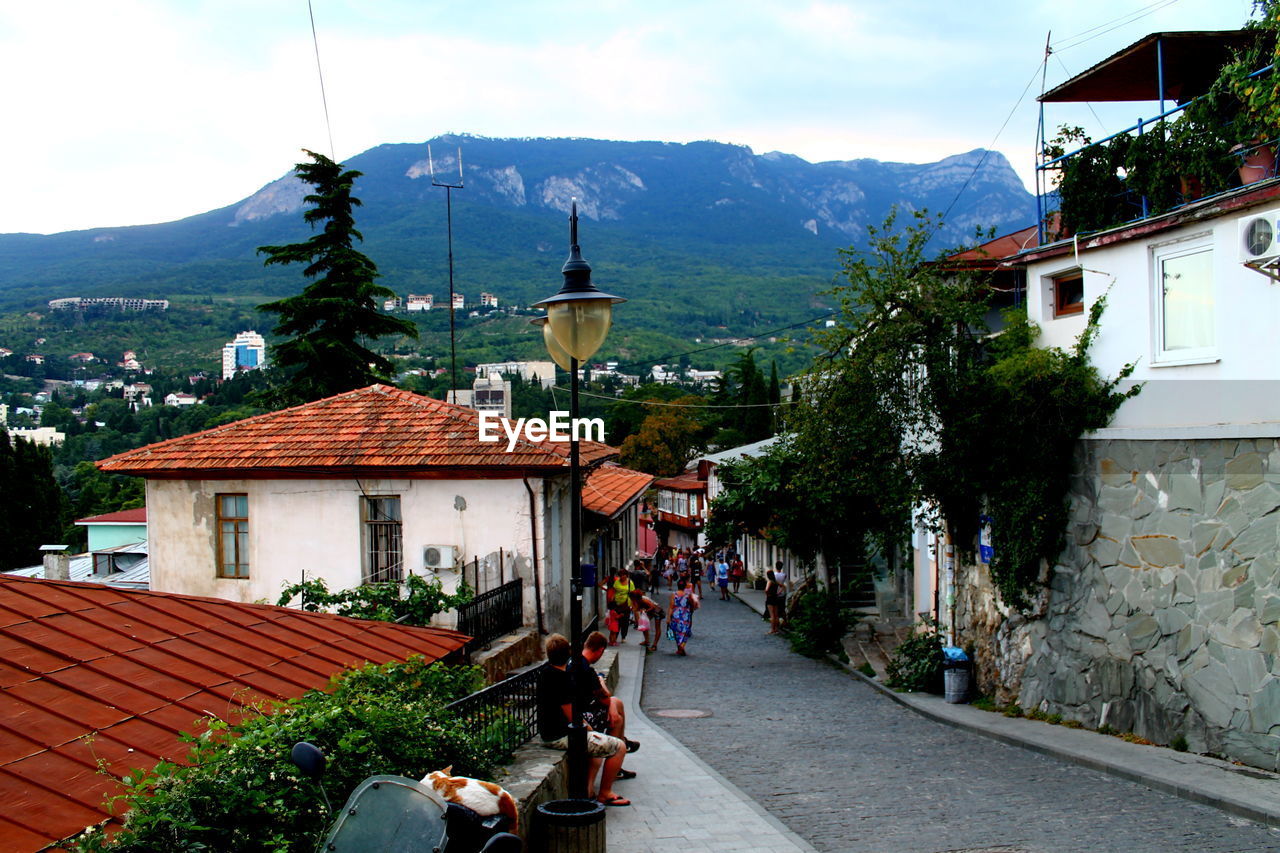 Houses by street in town against sky