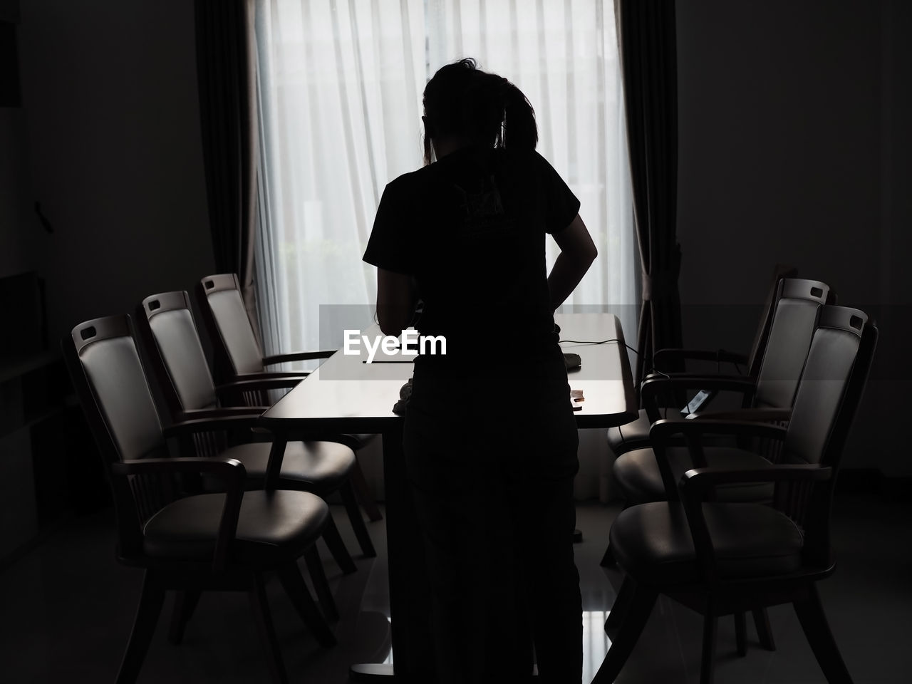 Rear view of woman standing at table in home