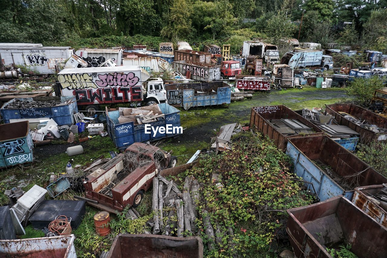 High angle view of junkyard