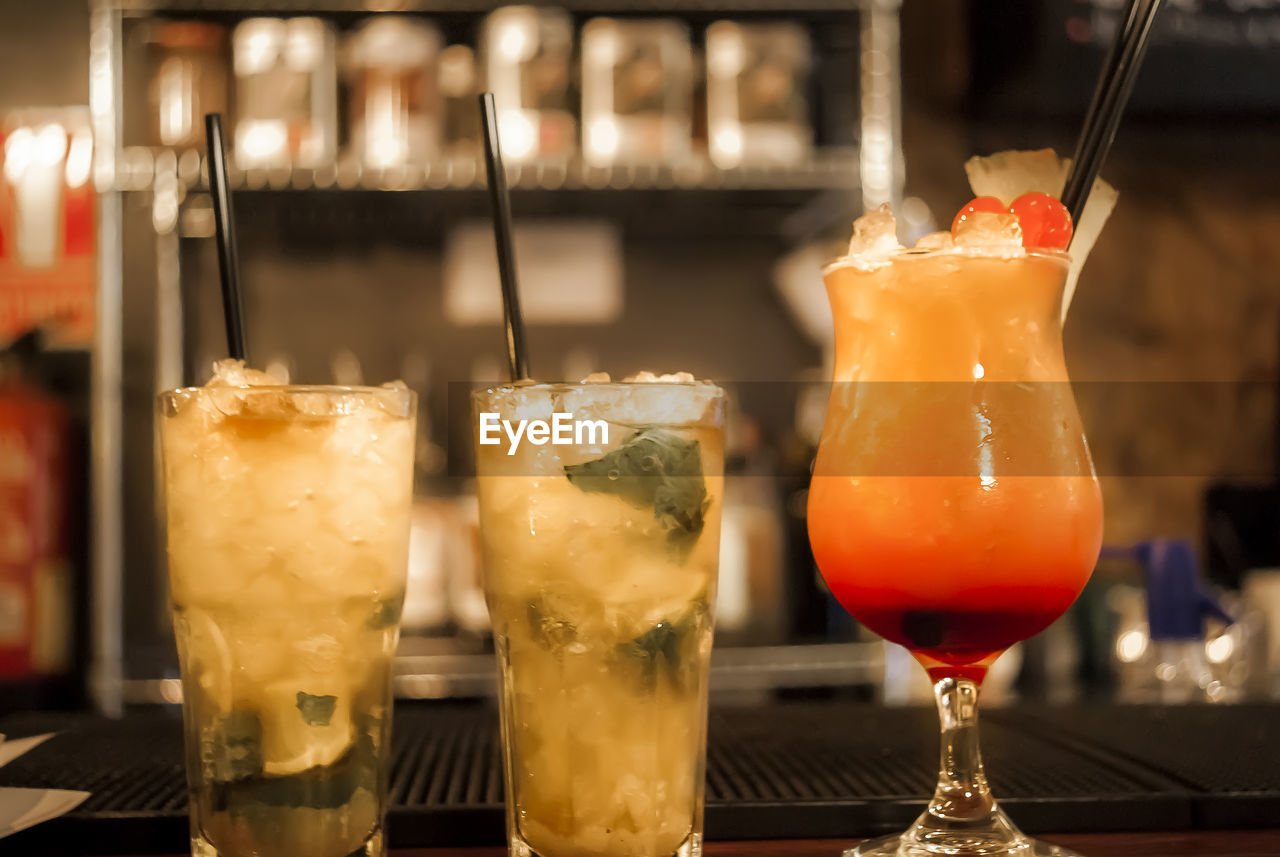 Close-up of drinks on table at bar