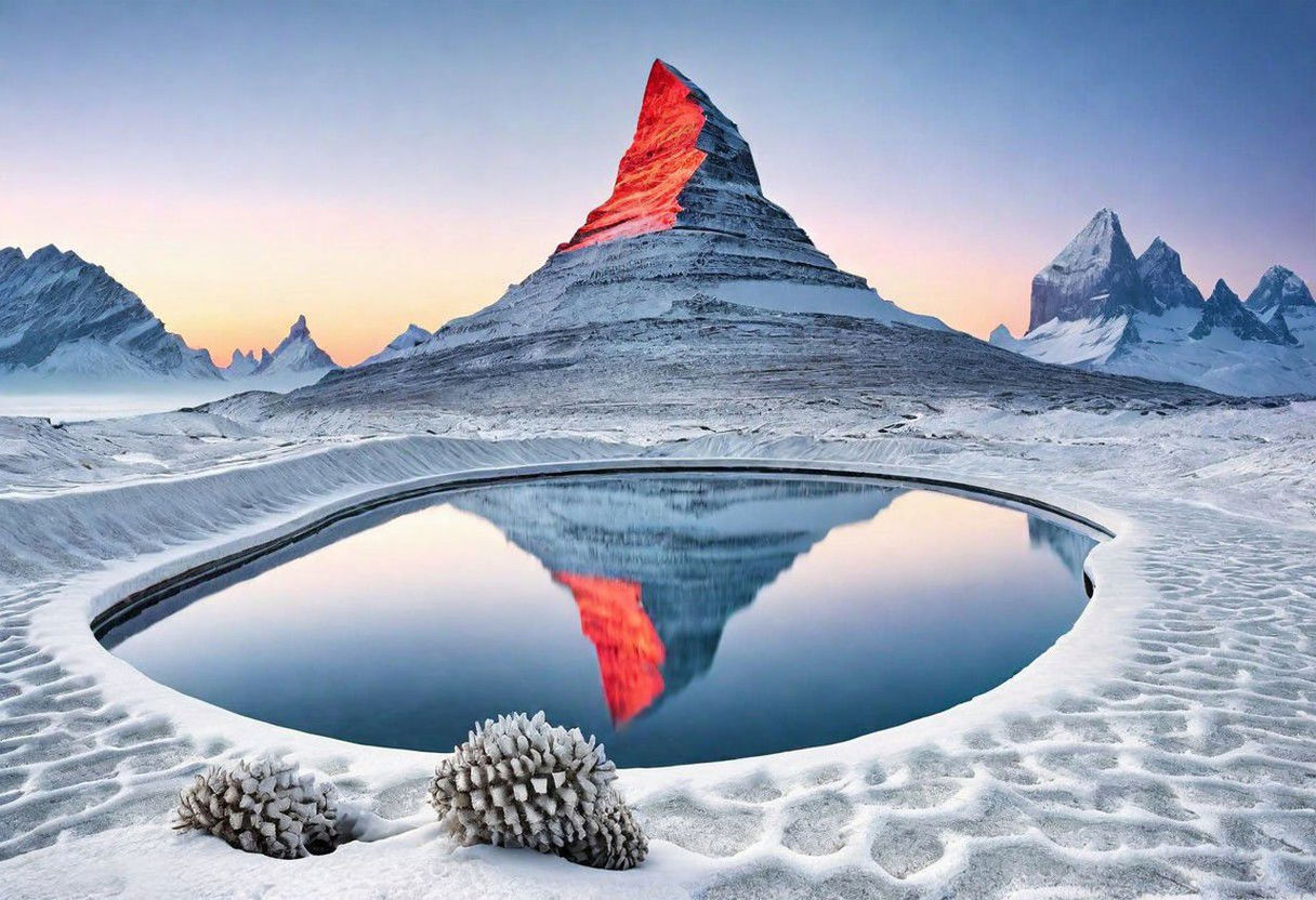 snow, cold temperature, winter, landscape, mountain, environment, scenics - nature, beauty in nature, nature, sky, travel destinations, water, tranquility, mountain range, travel, no people, ice, land, frozen, tranquil scene, lake, reflection, snowcapped mountain, outdoors, blue, shape, extreme terrain, mountain peak, sunset, non-urban scene