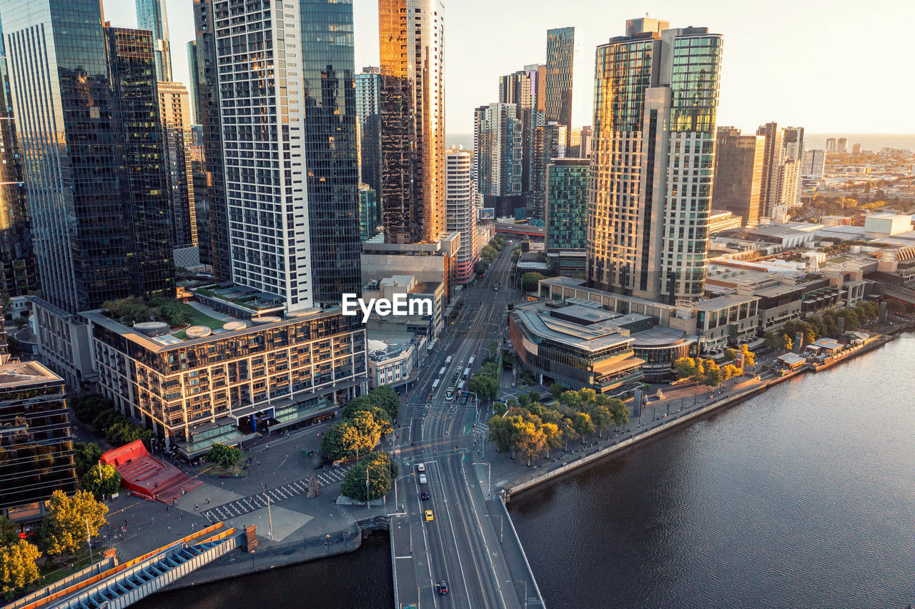 Panorama city melbourne from high point. australia. photo of skyscrapers before sunset from a drone.