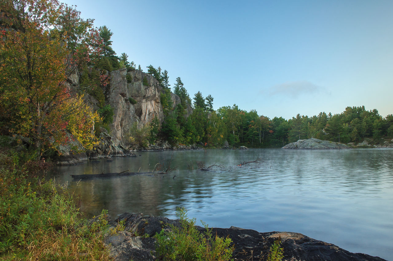 SCENIC VIEW OF LAKE SURROUNDED BY TREES AGAINST CLEAR BLUE SKY