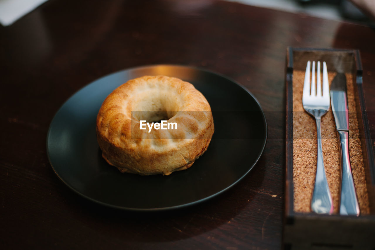 High angle view of breakfast in plate on table