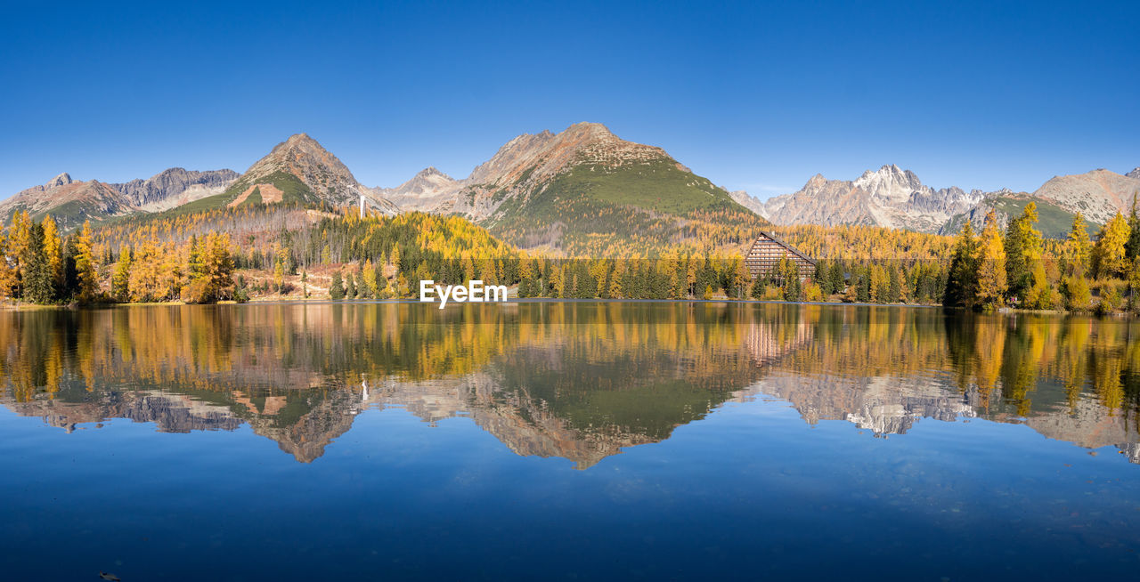 Scenic view of lake and mountains against clear blue sky