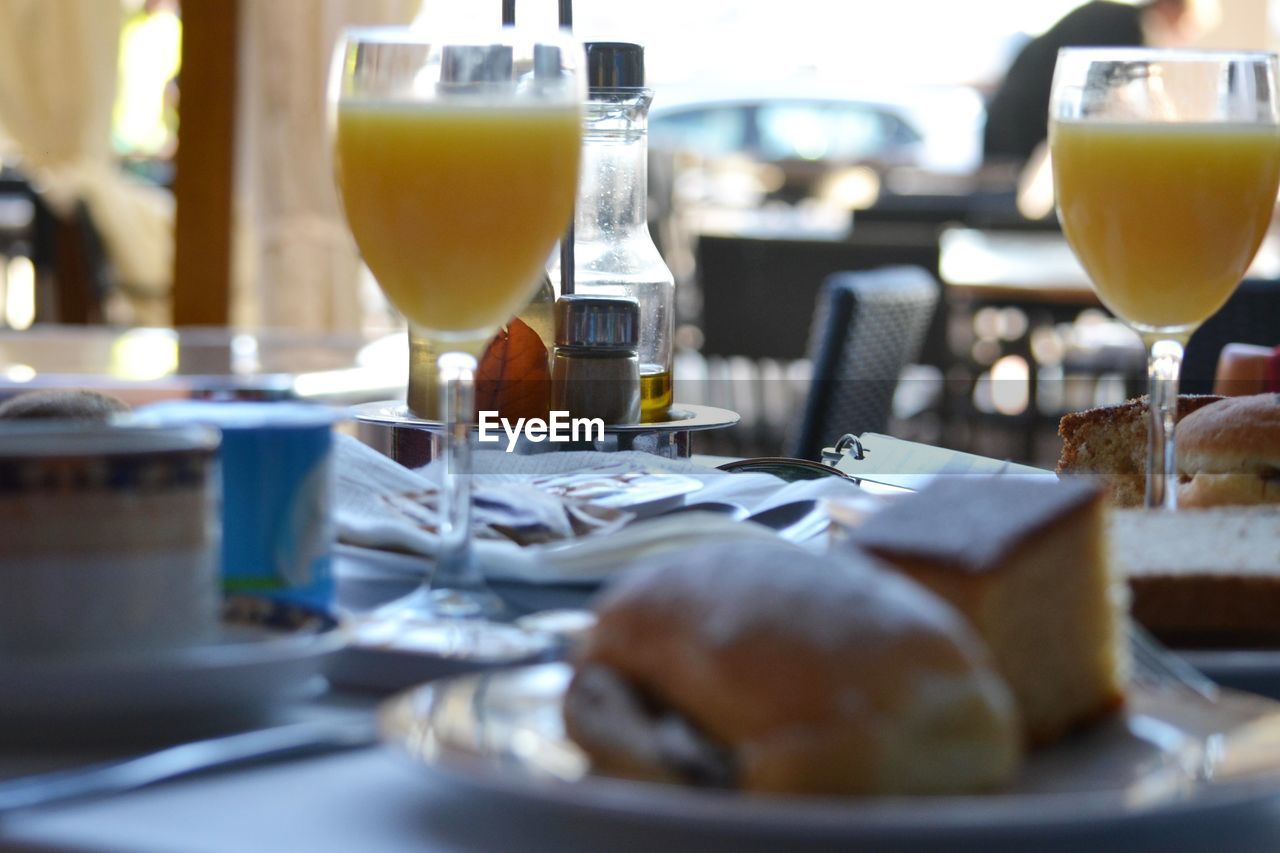 Close-up of food and drinks on table