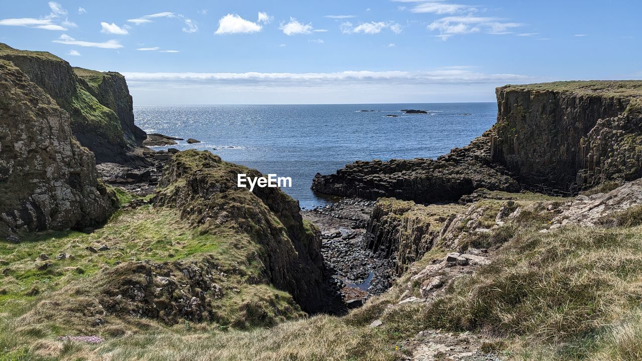 high angle view of rocks on beach against sky