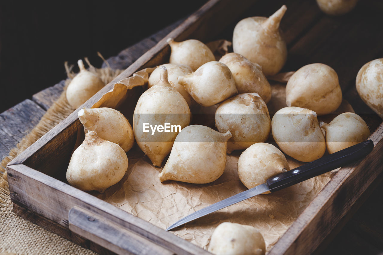 Close-up of potatoes on table