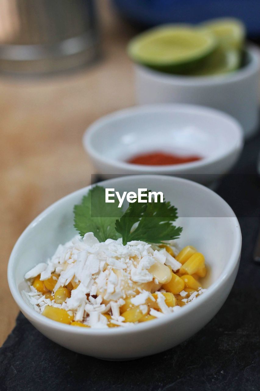 Close-up of food served on table