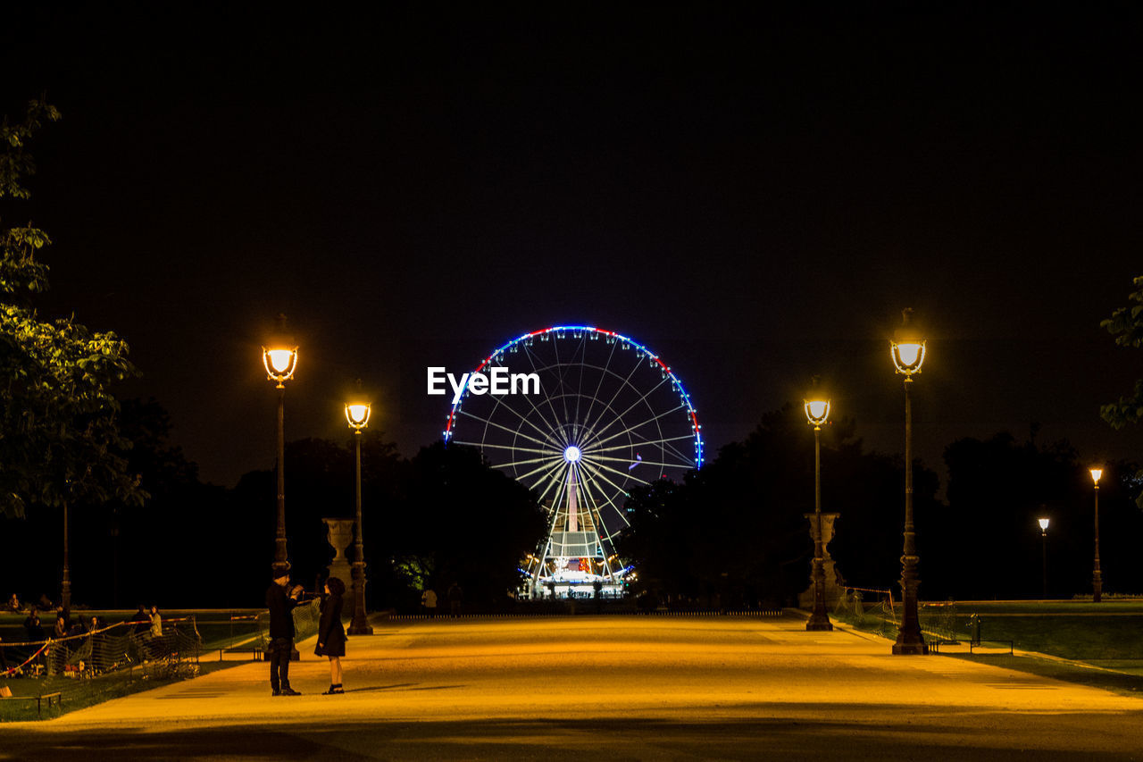 Illuminated ferris wheel at night