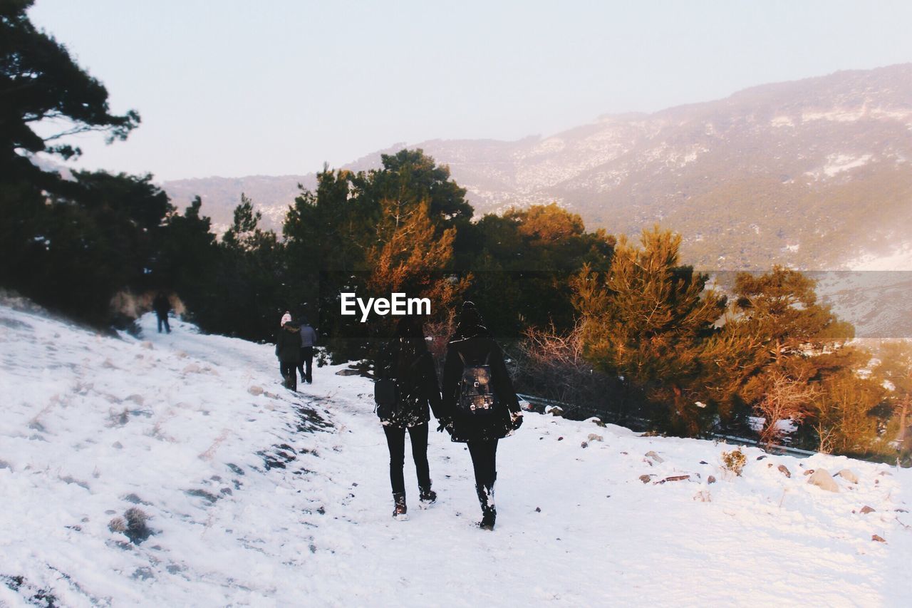 Rear view of people on snow covered landscape