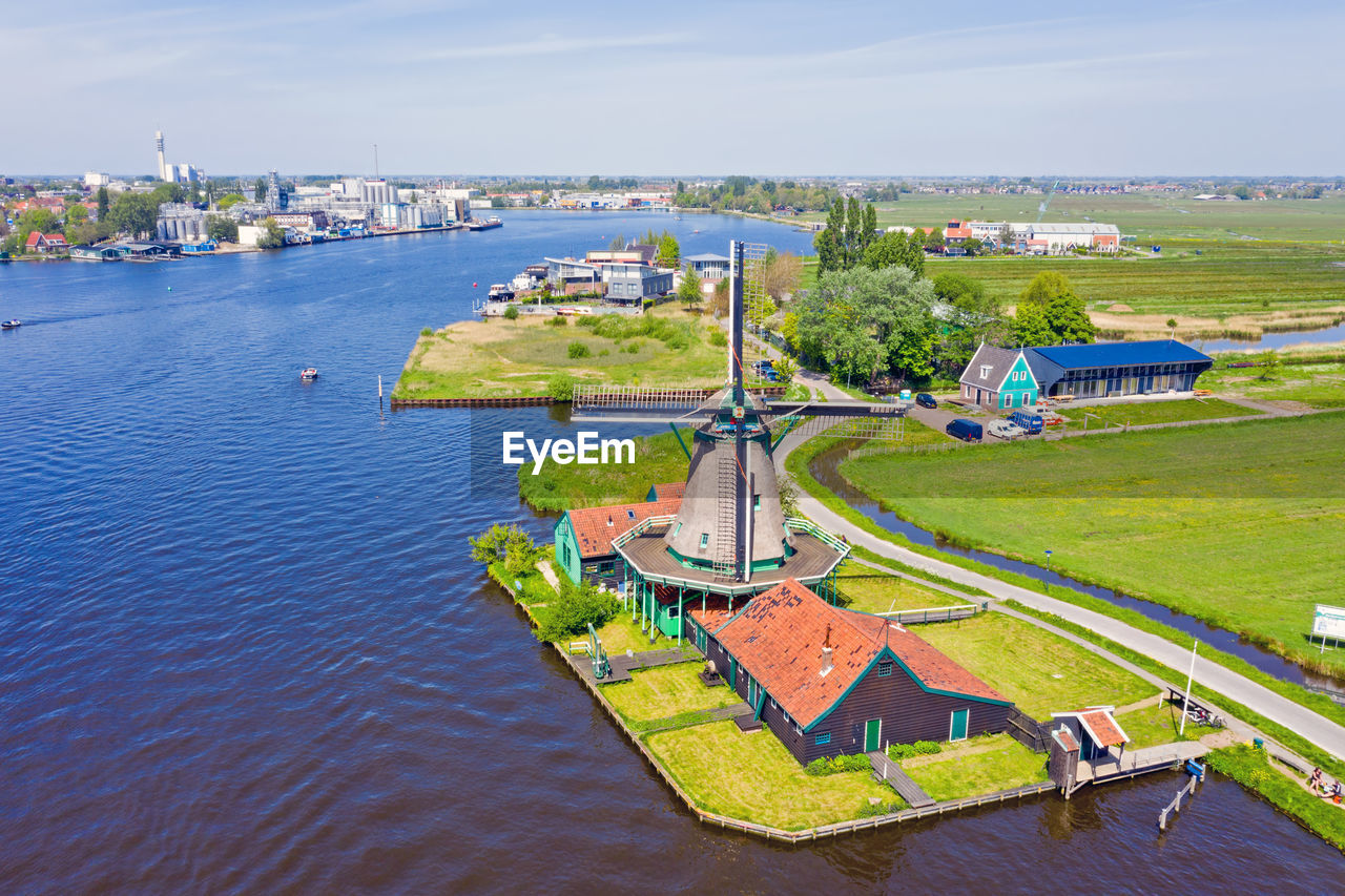 Aerial from a traditional windmill at zaanse schans in the netherlands