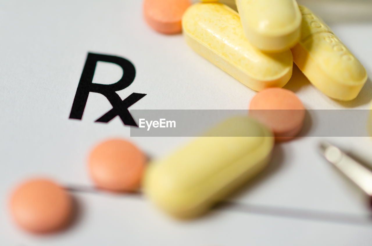 High angle view of medicines on table