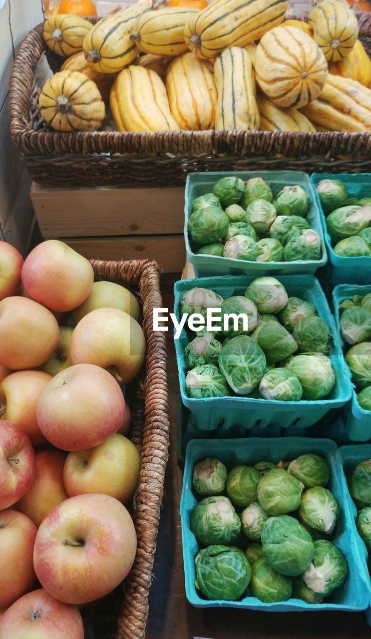 High angle view of fruits and vegetables in basket for sale