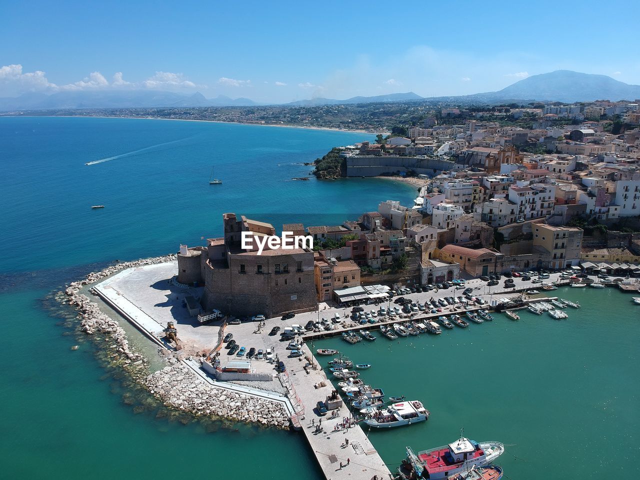 High angle view of buildings in sea