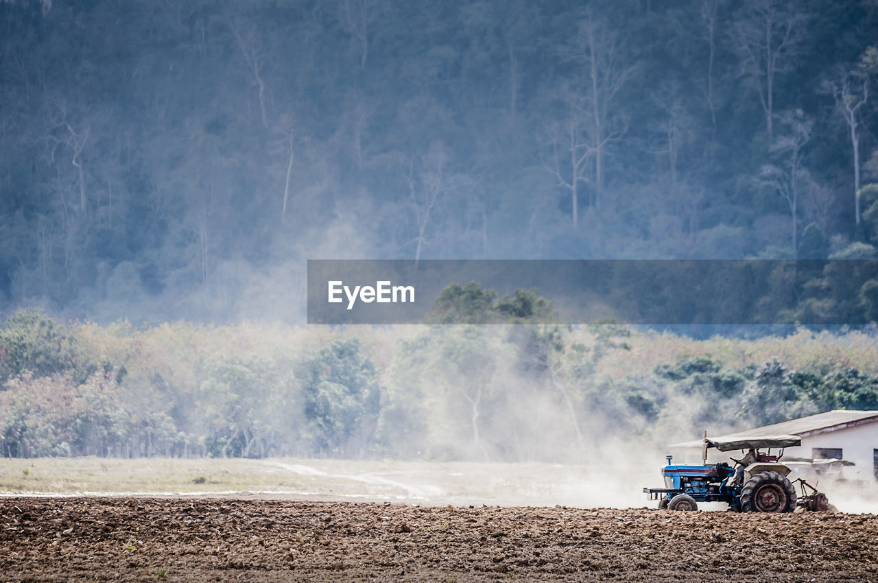 Tractor plowing field against trees