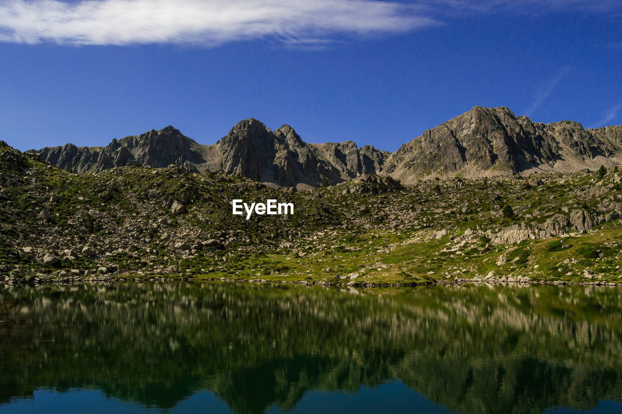 Scenic view of lake and mountains against blue sky