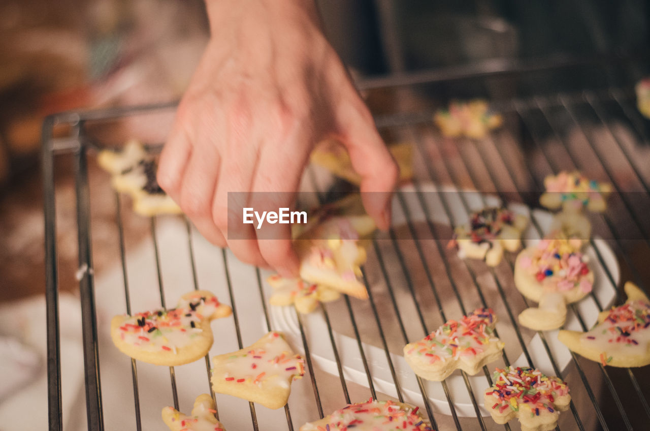 Close-up of hand picking up christmas cookie