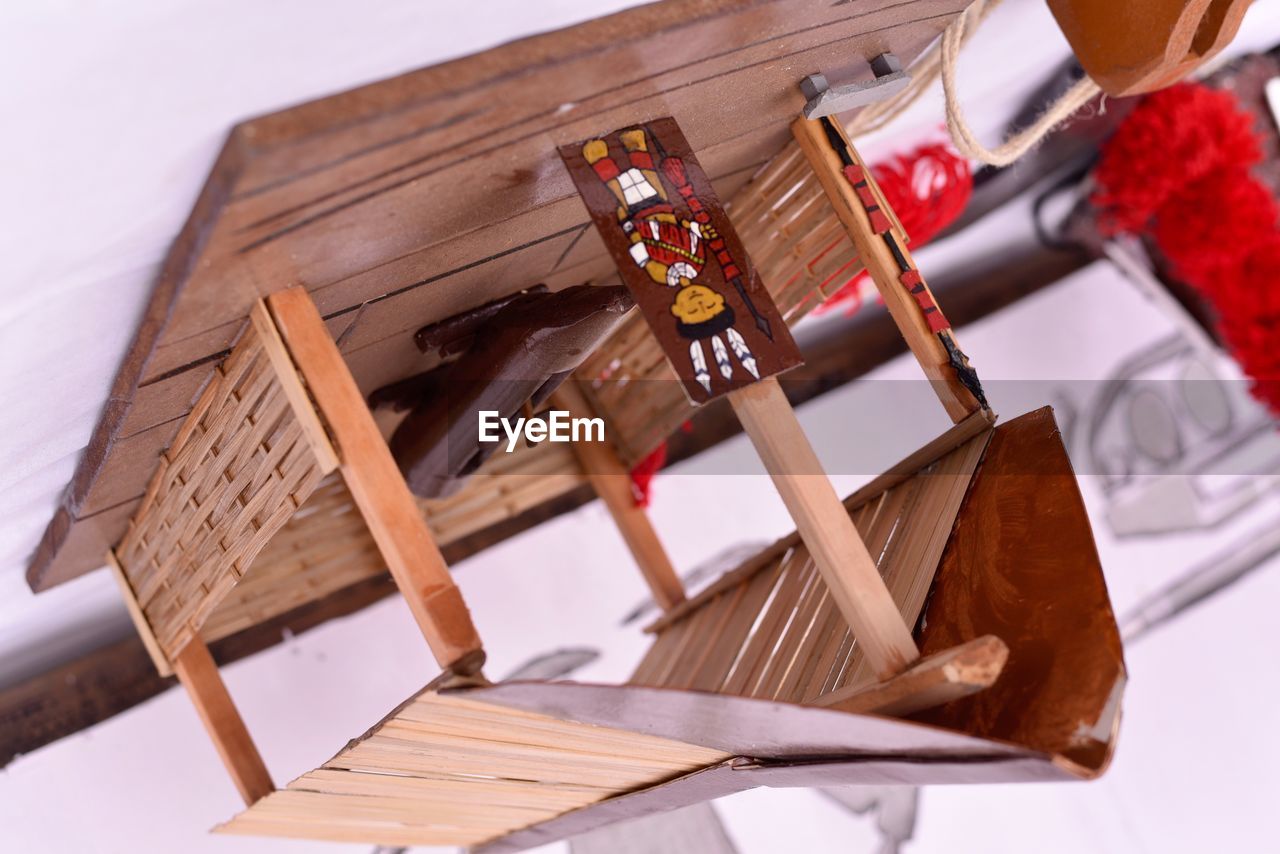 CLOSE-UP OF WOODEN TABLE AND TABLES
