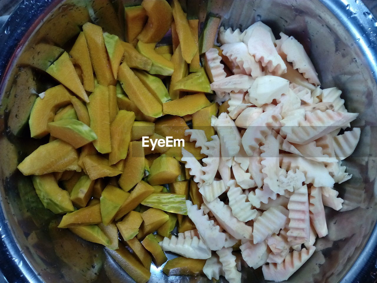 High angle view of chopped vegetables in bowl