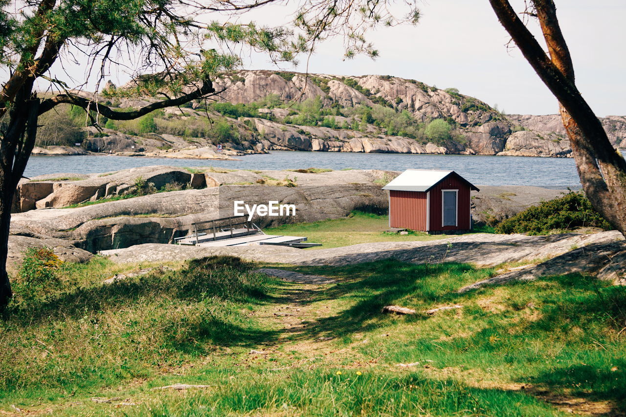 Scenic view of cottage by trees and houses