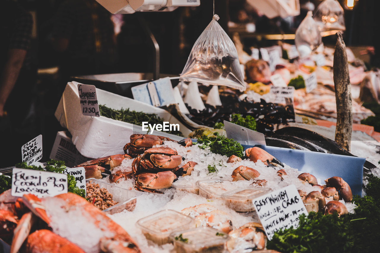 Seafood for sale at market stall