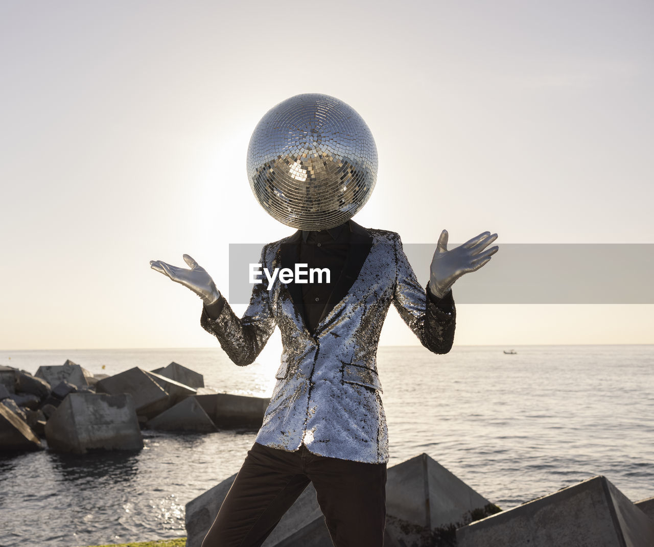 Rear view of person standing on rock by sea against clear sky