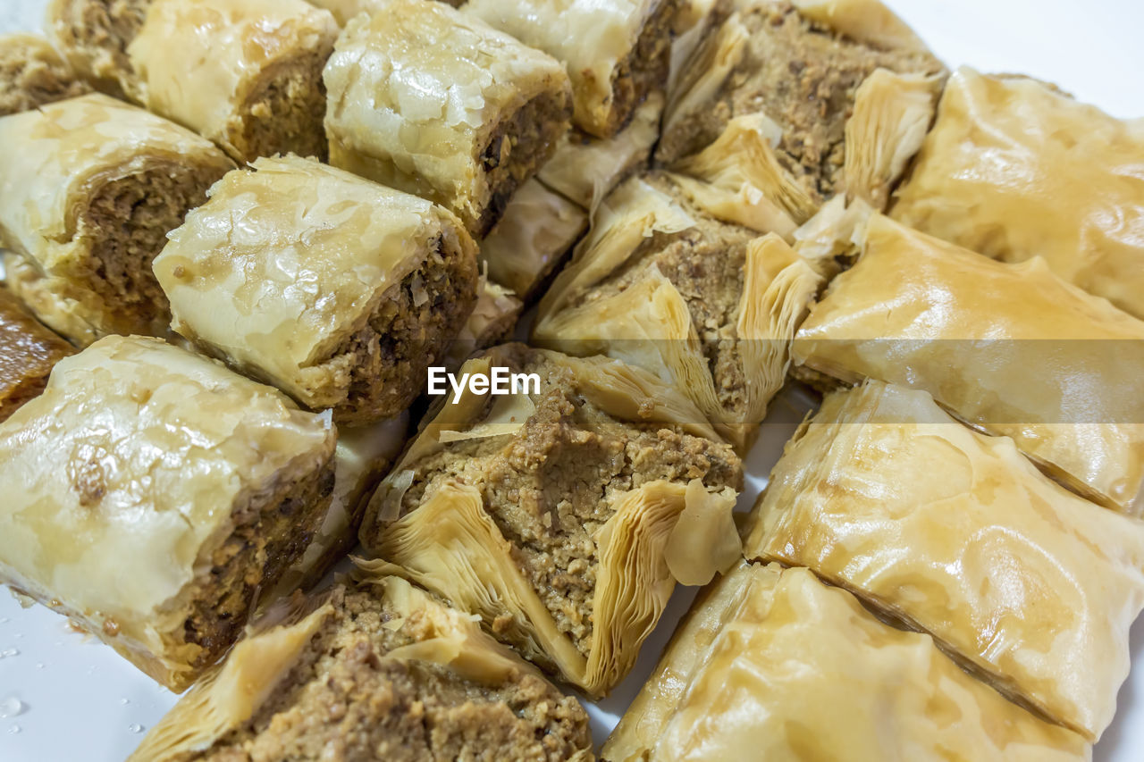 High angle view of baklava food on plate. a middle eastern favorite.