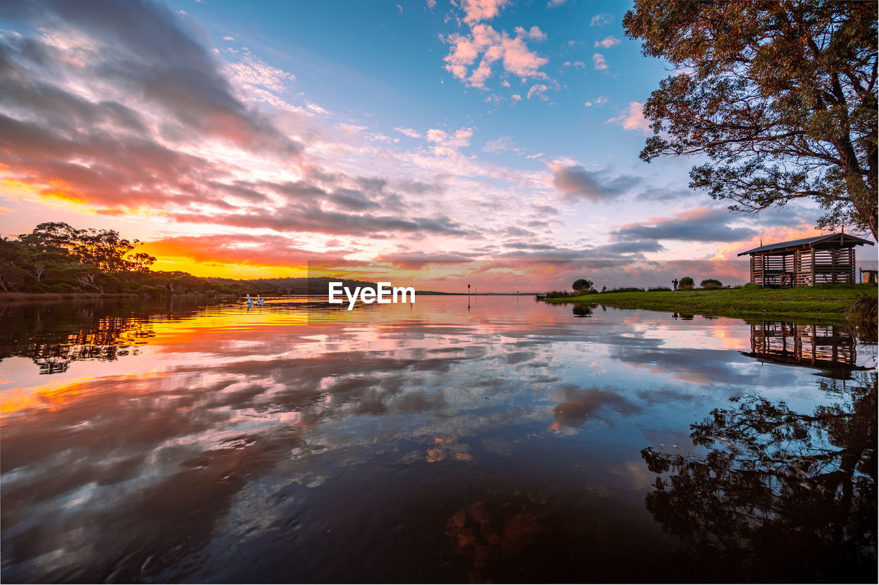 Scenic view of lake against sky during sunset