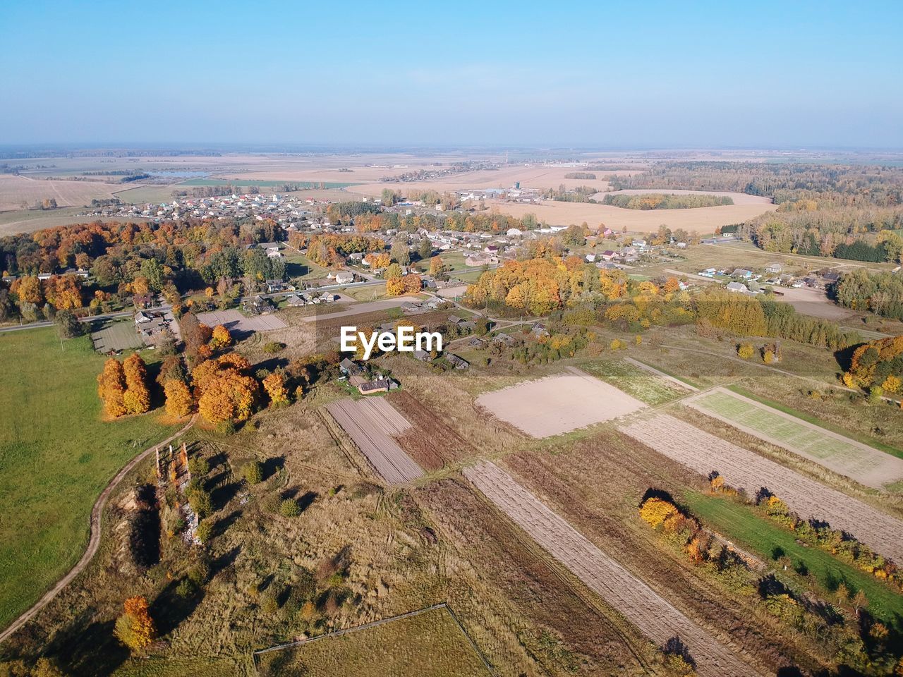 High angle view of field against sky