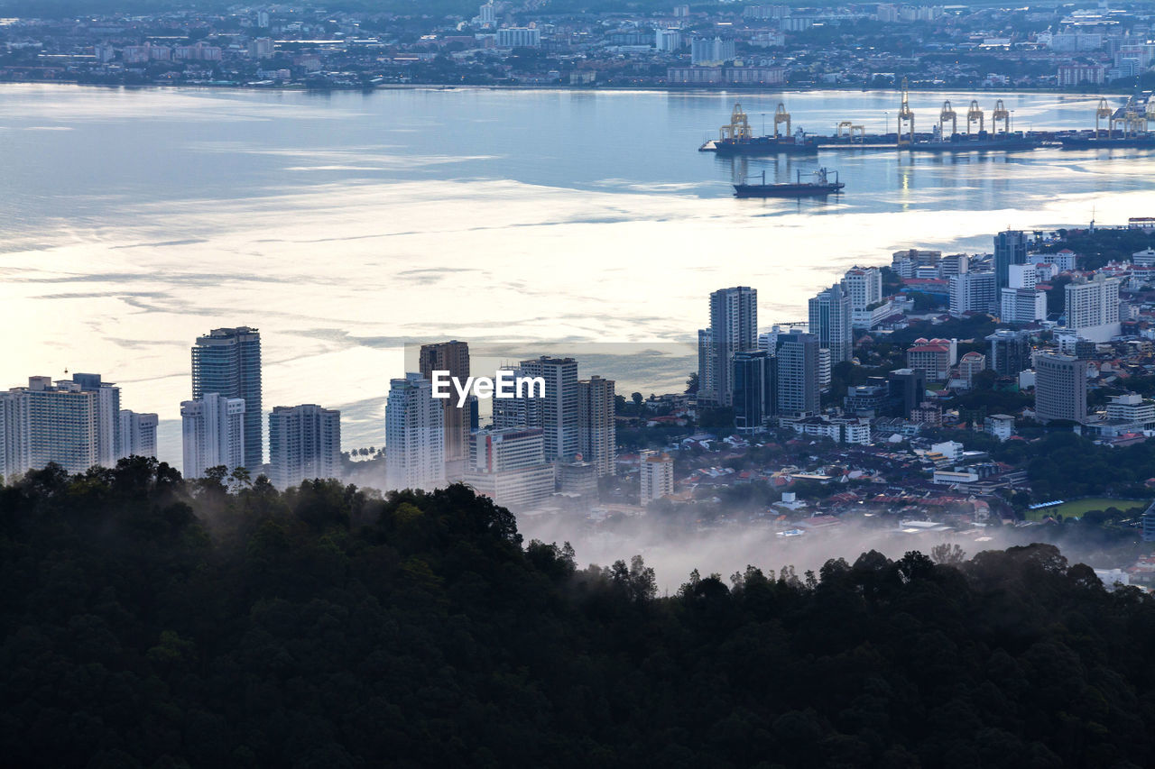 High angle view of city at waterfront