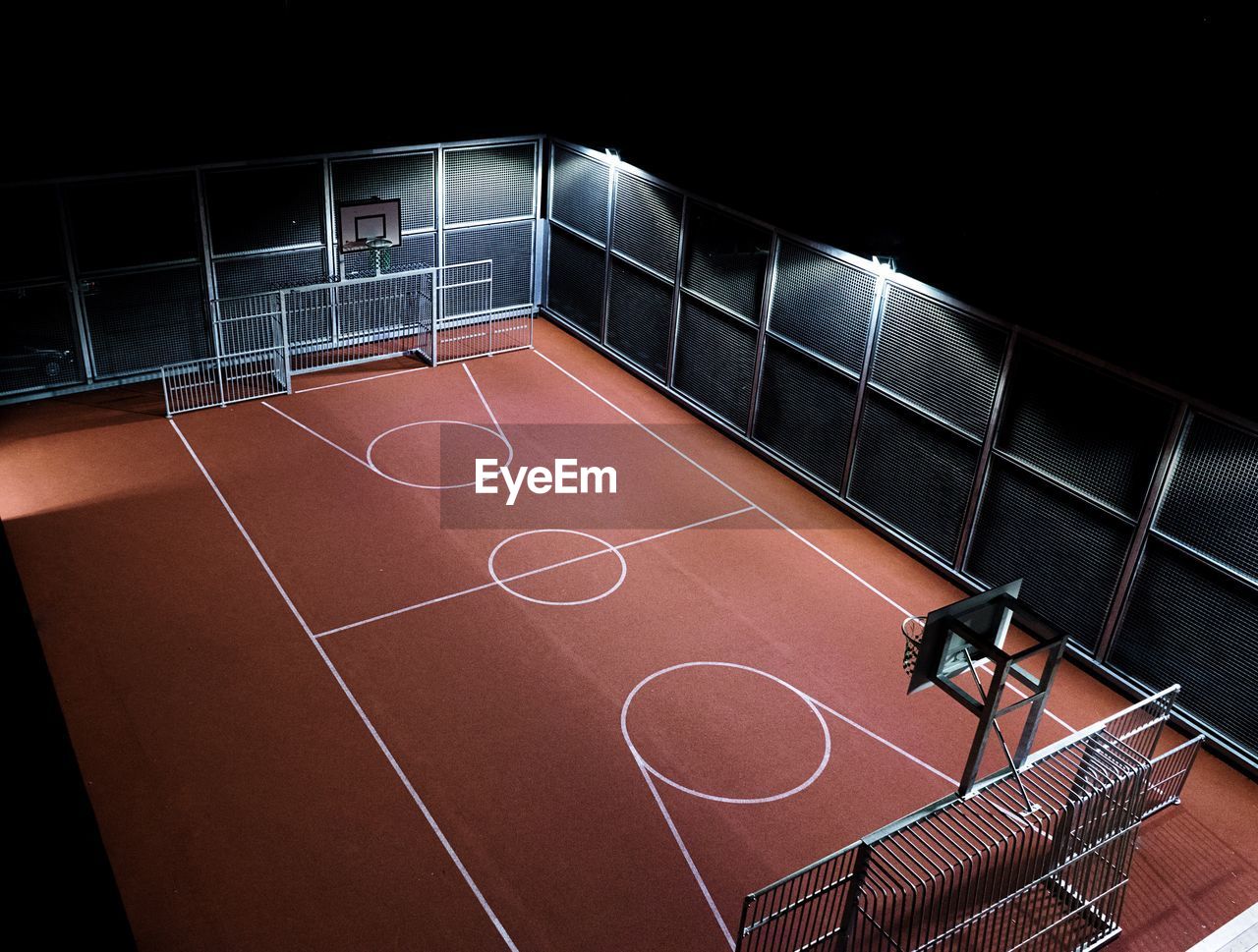High angle view of illuminated basketball court