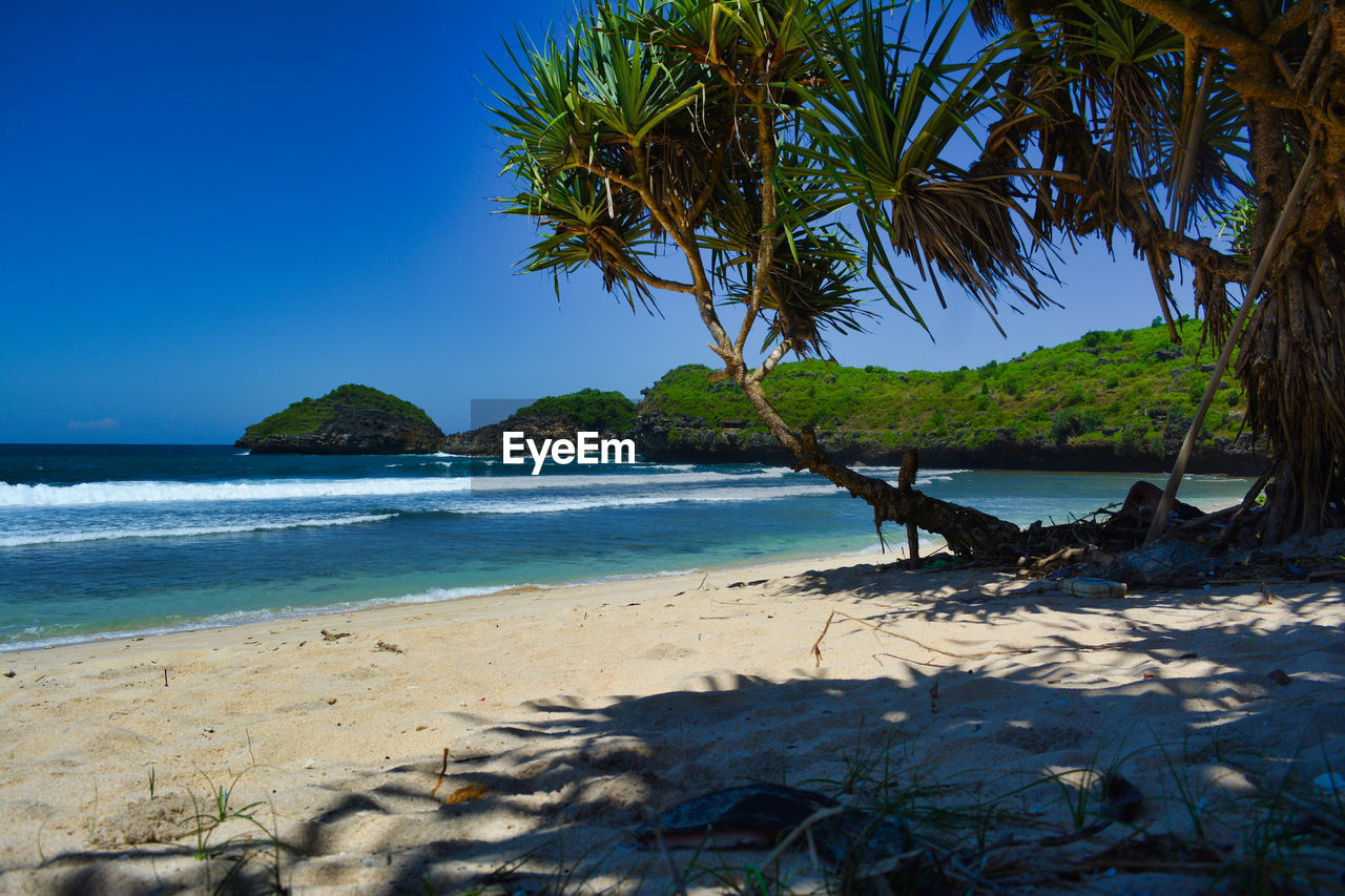 Scenic view of sea against clear blue sky