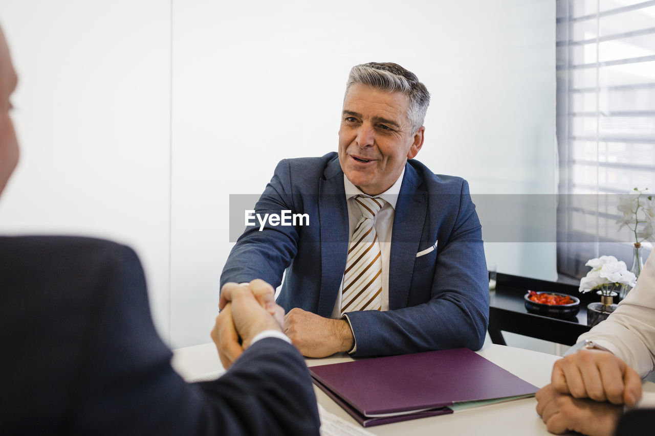 Mature businessman shaking hands with colleague sitting at desk