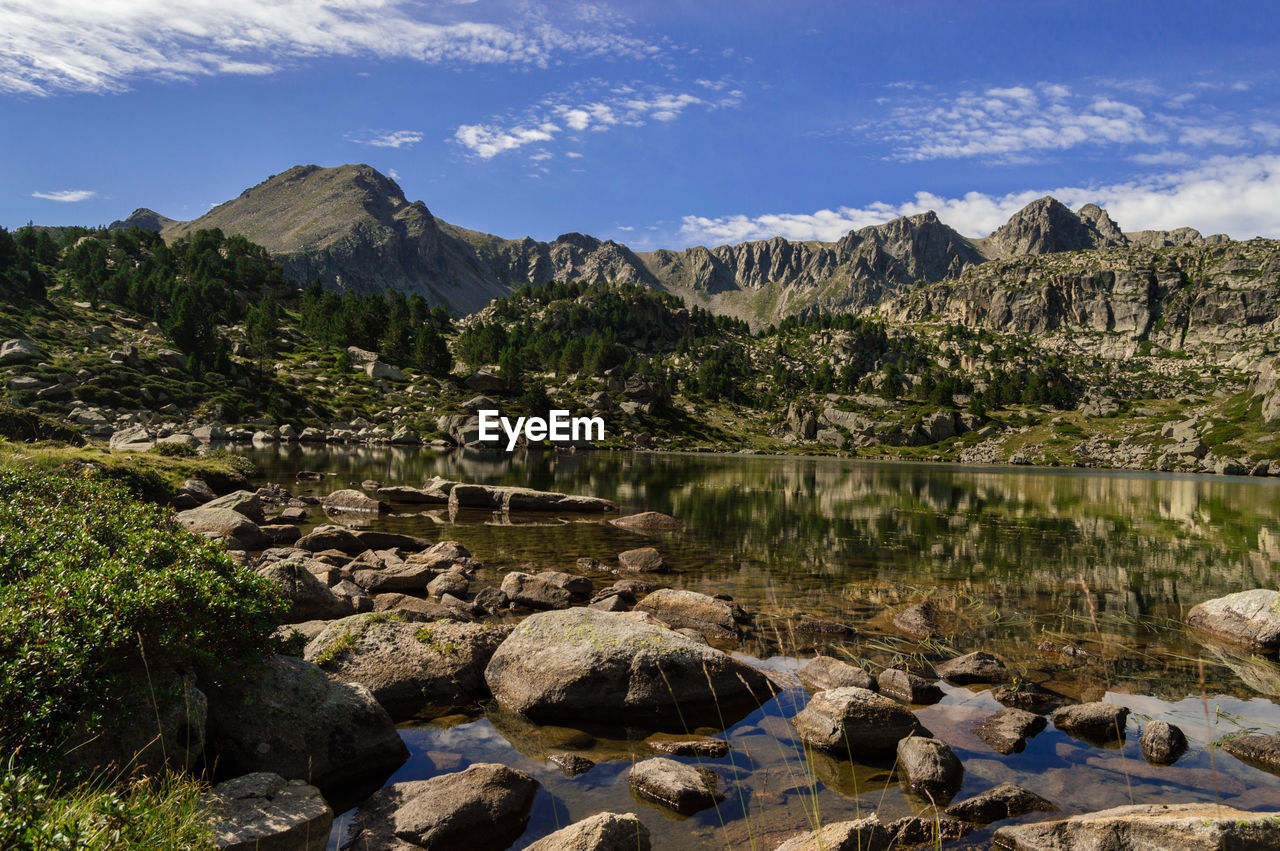 Scenic view of rocks and mountains against sky