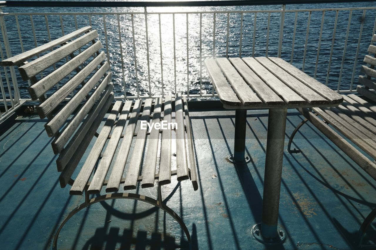 Table and benches on boat deck