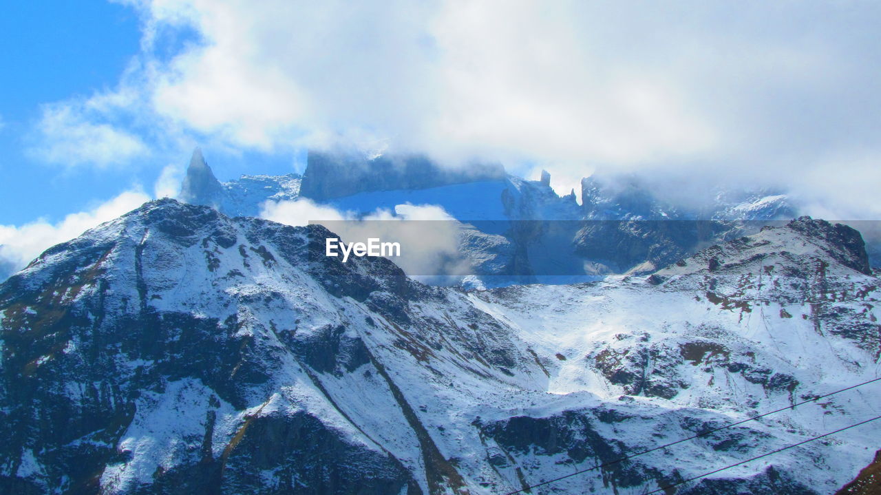 Panoramic view of snowcapped mountains against sky