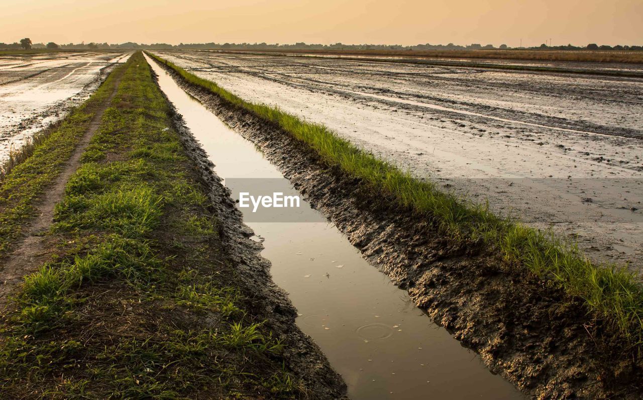 Scenic view of country road against cloudy sky