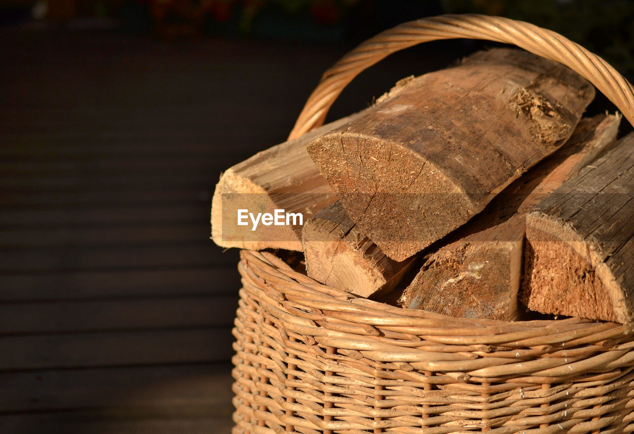 CLOSE-UP OF WOODEN LOGS IN BASKET