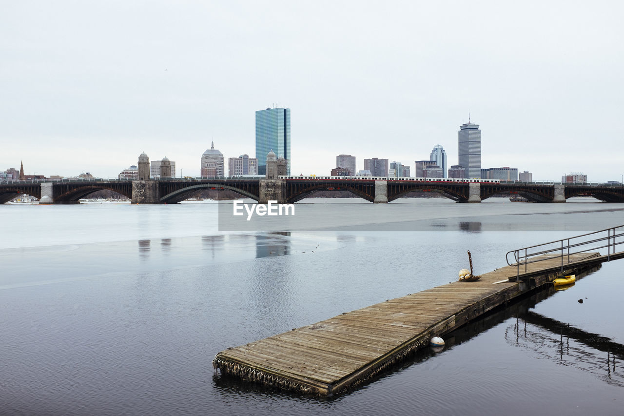 Scenic view of river by city against clear sky