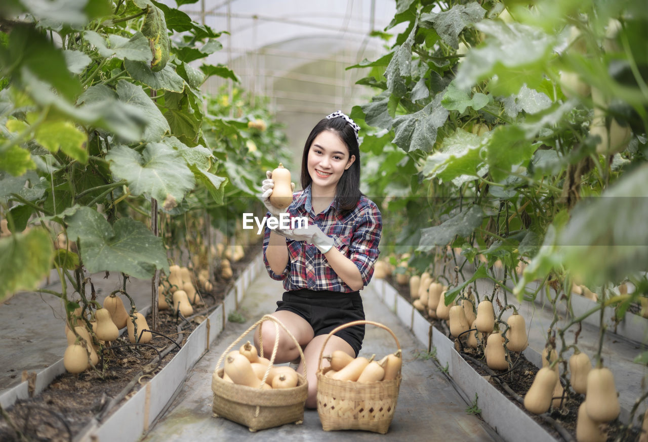 Portrait of young woman picking squashes in farm